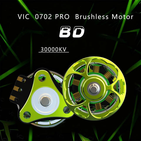 Close-up of VCI 0702 30000KV Brushless Motors Pack For 65Mm FPV Whoop Drones, showcasing green motor with dynamic balance.