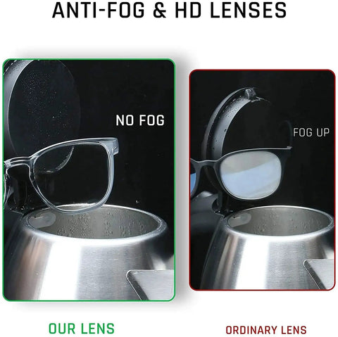 Comparison of Anti Fog Protective Safety Glasses With Side Shields For Women Nurses against an ordinary lens, showing no fog.
