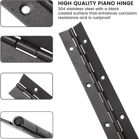 Heavy Duty Piano Hinge Set 2 Pieces 8 Inch Black Stainless Steel 0.05 Inch Thick With 1.2 Inch Open Width Including Close-Ups