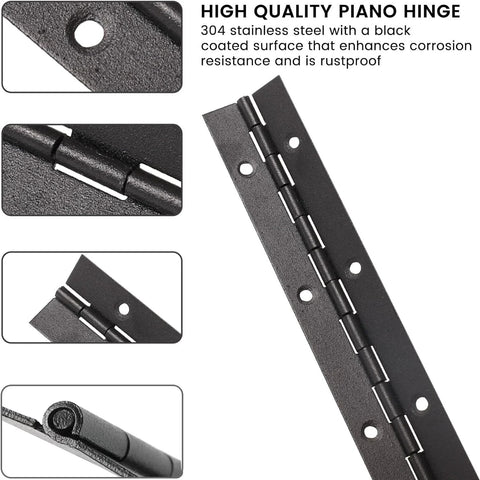Close-up of two pack heavy duty piano hinges 18 inch black stainless steel continuous hinges with 0.05 inch thickness and 1.2 inch open width.