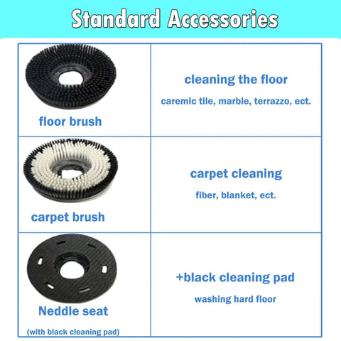 Image showing floor brush, carpet brush, and needle seat with cleaning pad, accessories for 18 Inch Floor Scrubber Buffer Industrial Polisher.