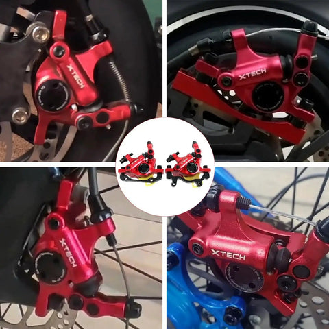 Red XTECH HB-100 hydraulic disc brake caliper set for MTB bikes; front and rear, aluminum alloy.