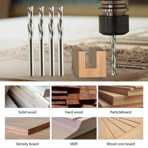 Downcut Spiral Double Flute CNC Router Bit Set One Eighth Inch Shank Tungsten Carbide End Mills For Wood Plastic Aluminum Five Pack with 17mm flute length