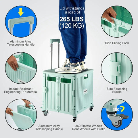 Foldable Utility Cart With Lid And Four 360 Degree Wheels Portable Handcart For Grocery Hauls Office Supplies Travel And School Gear Lightweight Collapsible Trolley With Lockable Brakes Green Macopro, aluminum handle detail, person standing on lid.