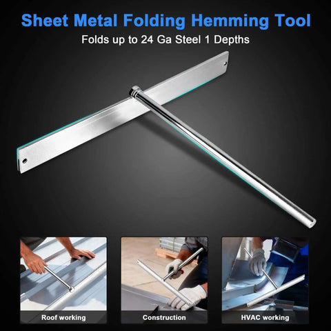 Image showing 15.25 Inch Sheet Metal Bender Hand Tool For Roofing And HVAC Projects Bends Up To 24 Gauge Steel with usage examples.
