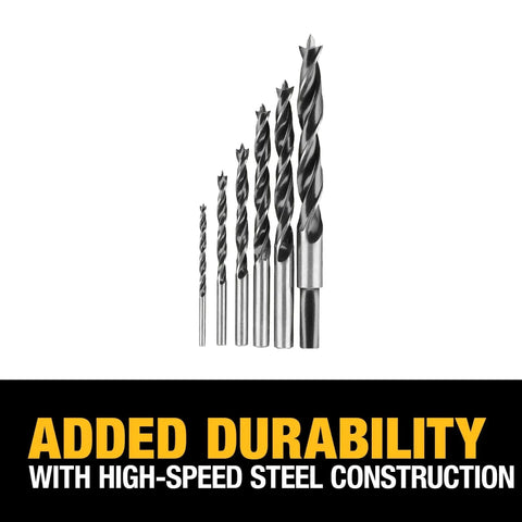 Brad Point Drill Bit Set For Wood And Metal 6 Piece DW1720 Pro Grade Precision Cutting Edges To Reduce Splintering And Walking