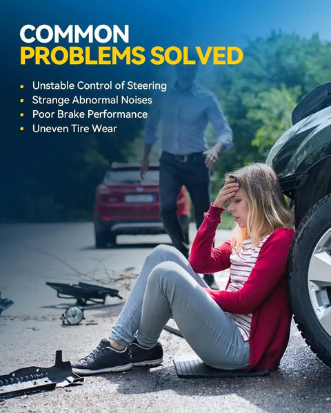 Automotive suspension parts kit components on roadside; a woman sits by a car with a wheel removed.