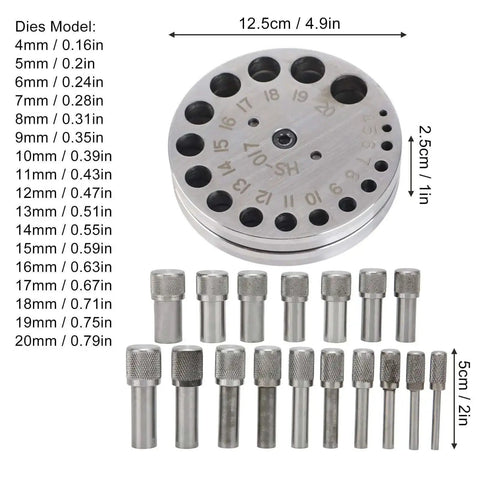 Circle Round Disc Cutter Set 17Pcs Pro Grade Steel Jewelry Making Kit with 17 metal dies for cutting discs 0.16 to 0.79 inch.