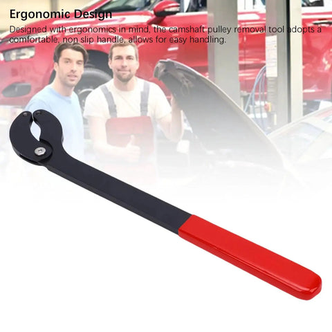 NOENNULL camshaft pulley holder tool, adjustable opening, black steel with red handle for automotive repair