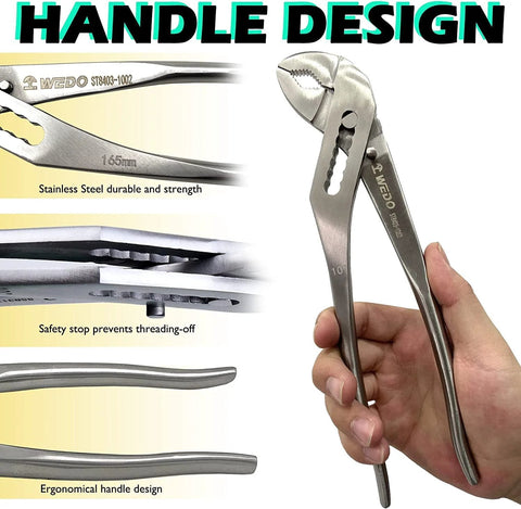 Heavy Duty Adjustable Pliers For Plumbing Repairs WEDO Stainless Steel Groove Joint Pliers in hand, close-up view