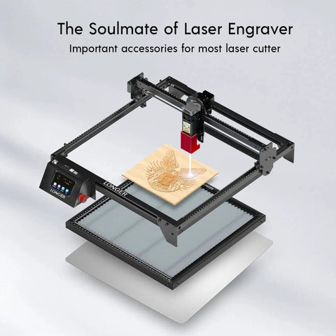 Honeycomb Laser Bed And Working Table Kit For Engravers With Pro Grade Heat Dissipation And Desk Protection Fifteen Point Seven By Fifteen Point Seven Inches Compatible With Most Laser Engraving Machines showing engraving process on material.