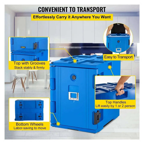 Blue insulated food pan and front load catering box with wheels, showing features like top grooves, handles, and bottom wheels for easy transport.