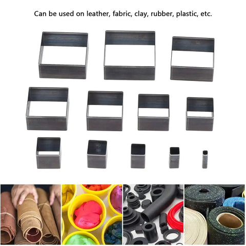 Leather Punch Tool Set With 12 Square Cutting Die Sizes From 5mm To 60mm for leather crafting, shown with various material options.