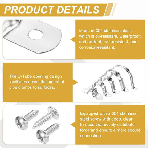 Heavy Duty 304 Stainless Steel Pipe Strap U Bracket Kit 20 Pcs 25mm 1 Inch with screws and rust-resistant features.