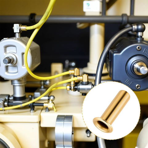 Brass compression fittings for 1/4 in ID tubing (4 mm OD), gold color, set on yellow tubing in lab equipment.