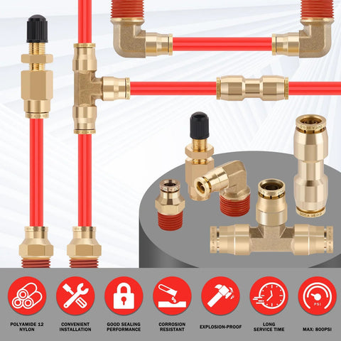 CheeMuii brass DOT air line fittings kit with red tubing; includes 100 ft 1/4 in and 50 ft 3/8 in push-lock lines