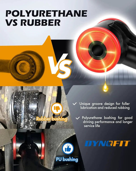 Polyurethane vs rubber bushings comparison chart showing groove design and lubrication benefits.