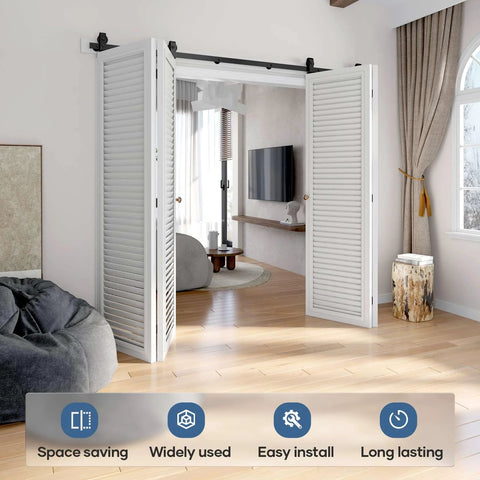 Top Mount Bifold Sliding Closet Door Hardware Kit for Four 24 Inch Doors Black Track System installed in living room