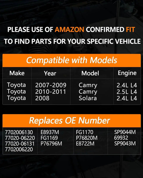Chart showing compatibility of Plug And Play Electric Fuel Pump Module Assembly For Toyota Camry 2007-2011 and Solara 2008