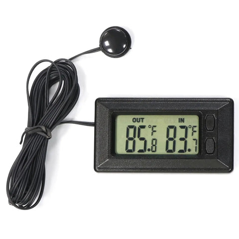 Front view of Dual Display Car Thermometer Indoor Outdoor Fahrenheit Celsius Max Min Memory with probe and wires
