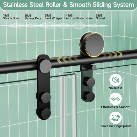Frameless Bathtub Sliding Shower Door With Barn-Style Exposed Roller System, stainless steel hardware matte black finish