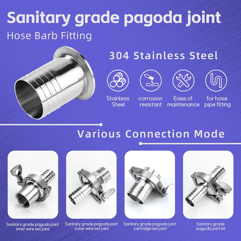2-pack 1.5in tri-clamp to 1in barb fittings, stainless steel, with silicone gaskets and hose clamps