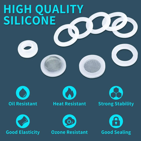 All In One Silicone O Ring And Washer Kit With 660 Clear O Rings In 18 Sizes And 90 Washers in use for plumbing seals with resistance icons.