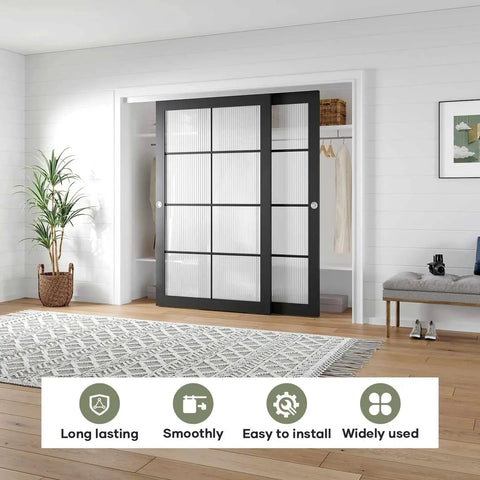 Eight Foot Bypass Double Sliding Pocket Door Hardware Kit For Two Door System With Aluminum Track installed in modern room
