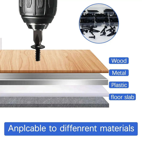 210Pcs Sheet Metal Screws Kit With Self-Tapping And Self-Drilling showing use on wood, metal, plastic, and floor slab surfaces