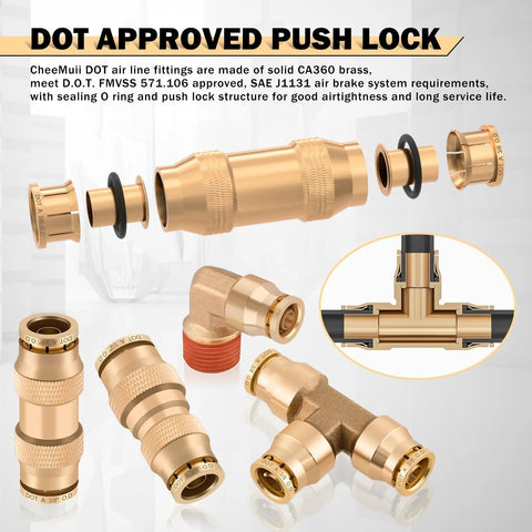 Brass DOT air line fittings set, 112-piece with push-lock connectors and three 100-ft hoses (1/4, 3/8, 1/2 in).