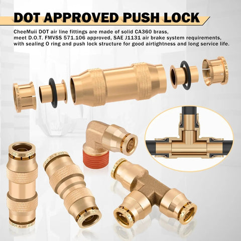 Durable DOT Air Line Kit With Brass Push Lock Fittings And Tubing One Hundred Pieces Pack Includes Fifty Feet Each Of One Half, Three Eighths, And One Quarter Inch Lines, Brass Tee And Unions, Ninety Degree Elbows And Quick Connect Air Fittings.