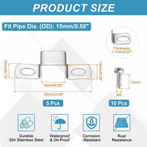 Heavy Duty 304 Stainless Steel Square Pipe Clamps 15x15mm U Shaped Connector Brackets with self-tapping screws and size details