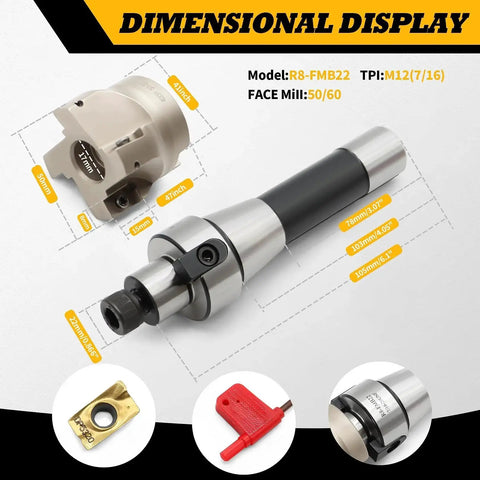 Face Mill Arbor Kit With R8 Shank FMB22 7/16-20UNF For Milling Planes And Slots 50mm Cutter 4 Flutes 22mm Bore 400R End Milling