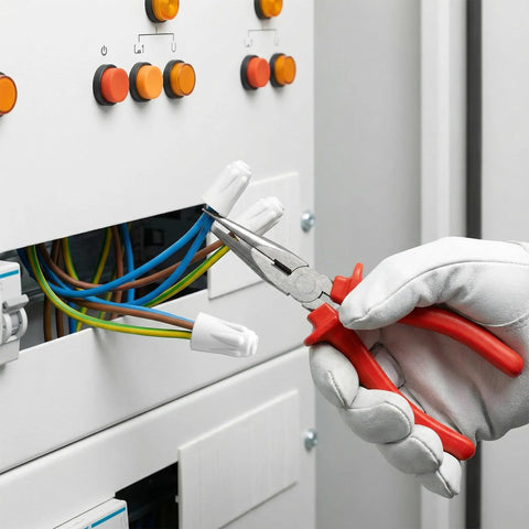 White ceramic wire connectors being crimped onto electrical wires with red-handled pliers for high-temperature repairs