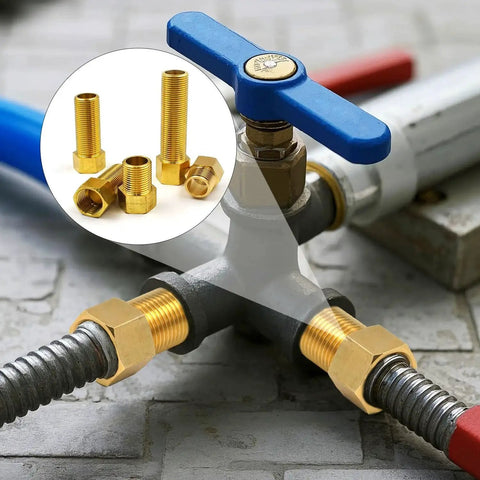 Five Pack Half Inch Brass Extension Adapter Set With Half Inch Male To Female Nipple Fittings Hex Bushing Converter for plumbing installation.