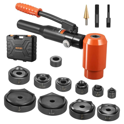 Heavy Duty 15 Ton Hydraulic Knockout Punch Set Workhorse With Half Inch To Four Inch Dies, 10 Round Dies, Portable Case