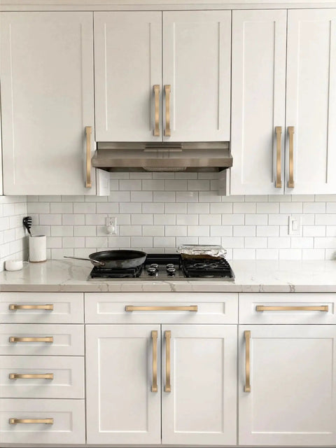 Installed 10 Pack Champagne Bronze Cabinet Pulls 3 Inch Solid Zinc Alloy Cabinet Handles on white kitchen cabinets