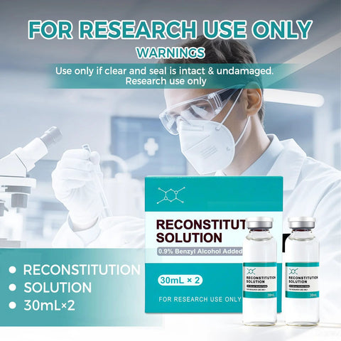 Reconstitution Solution glass vials, 30mL x 2, clear liquid, teal and white packaging, for research use only