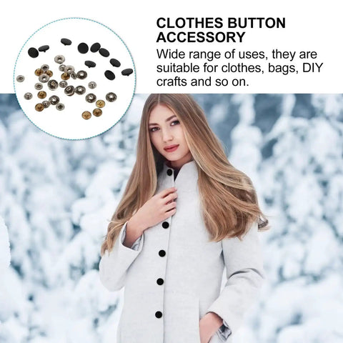 10 Sets Copper Covered Button Kit For Clothes, Bags, And Coats displayed above woman in snowy setting with coat
