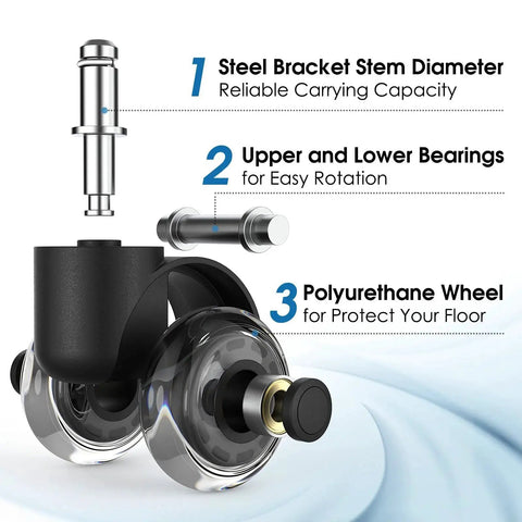 2 Inch Replacement Office Chair Caster Wheels With Soft Mute Rollers showing steel bracket stem, bearings, and polyurethane wheel