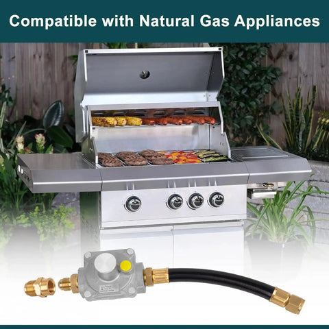 Natural Gas Regulator For Grills Fire Pits And Stoves With One Half Psi Inlet And Four Inch Water Column Outlet Includes One Half Inch Male Flare To Three Eighth Inch Female Flare Adapter For Safe Consistent Gas Supply GASPRO in front of a grill with food outdoors.