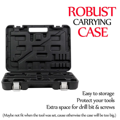 Open robust carrying case with interior compartments for tools, black, with text 'Easy to storage' and 'Protect your tools'.