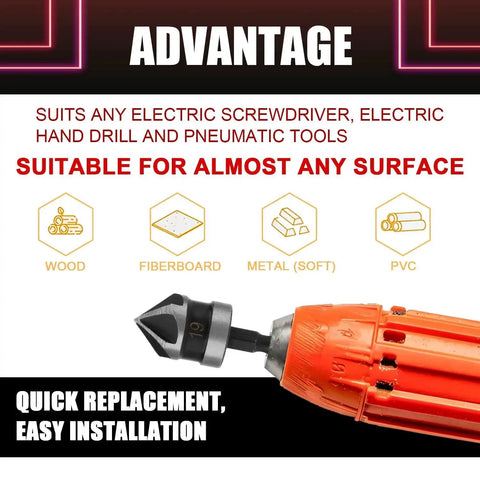 Countersink Drill Bit Set For Wood And Metal, Three Piece Quick Change Hex Shank Quarter Inch Bits In 12, 16 And 19 MM, Five Flute 90 Degree Chamfering Countersink Bits, Built Tough With High Carbon Steel For Long Lasting Durability And Smooth Chip, showing installation on electric drill.