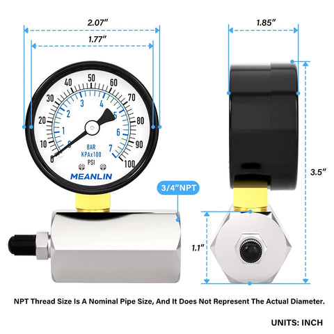 Meanlin 2-inch steel pressure gauge with 0–100 psi dual scale and 3/4-inch NPT connection on regulator (front view)