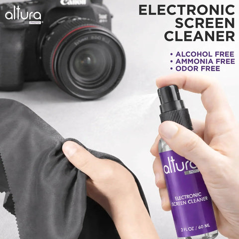 Camera Cleaning Kit With Air Blower And Lens Cleaner Spray For Canon Nikon Sony shown with cloth and screen cleaner bottle.