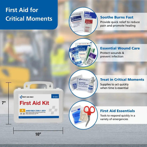 ANSI 2021 A OSHA Compliant 94 Piece 25 Person First Aid Kit with labeled benefits and items like burn relief and scissors