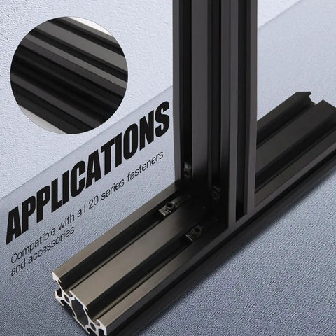 Two Piece Set Of 400mm V Slot 2040 Aluminum Extrusion European Standard Anodized Black Linear Rail For 3D Printers And CNC DIY Projects Built Tough For Ultra Smooth Motion showing close-up of extrusion profile and applications text.