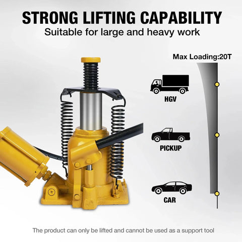 Low Profile 20 Ton Air Bottle Jack With Aluminum Pump And Slow Release, suitable for lifting heavy vehicles, shown in yellow.