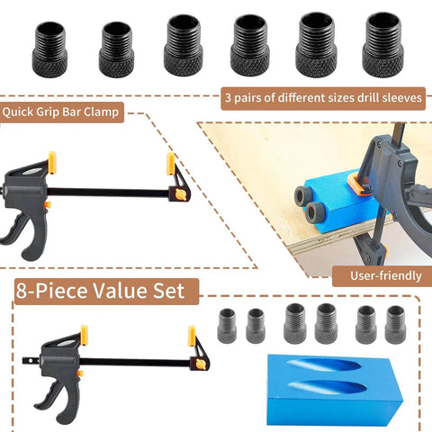 Pocket Hole Jig Kit For Woodworking With 15 Degree Drill Guide And Durable Aluminum Fixture with drill sleeves and grip clamp