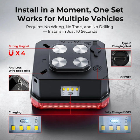 HWSTAR 2026 magnetic wireless trailer light kit module with four magnets, USB-C port, ON/OFF button, and LED taillight